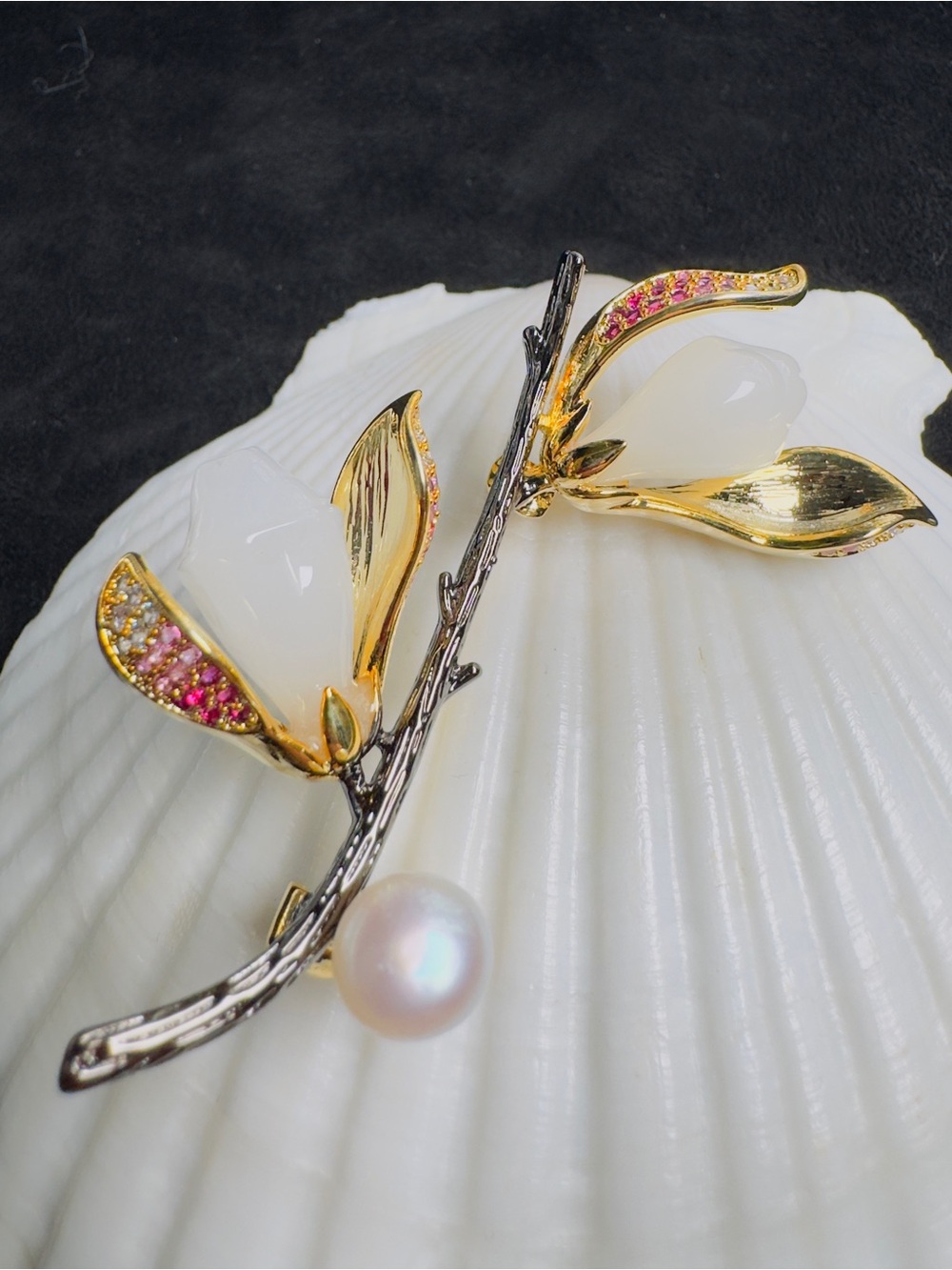 Natural Jade Freshwater Pearl Floral Branch Brooch